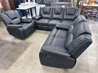 3- Pieces Black Breathing leather manual recliner sofa set