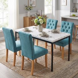 Homy Casa CAJON 150+LUCETTA 5PC Dining Set 59.1" White Marble Table with 4 Lucetta Green Upholstered Dining Chairs Open Box