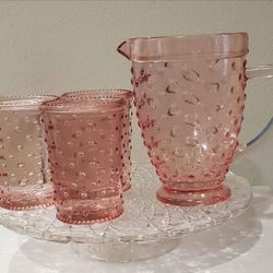 Vintage Pink Glass Hobnail Pitcher And 3 Glasses