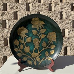 Large 18” Vintage Decorative Floral Plate – Green & Gold Wall Decor