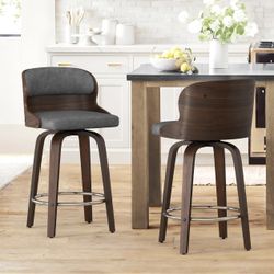 Set Of 2/4 Swivel Bar Stools, Gray Faux Leather Seat Wood Back Bar Chairs, Walnut Finish $110/$199