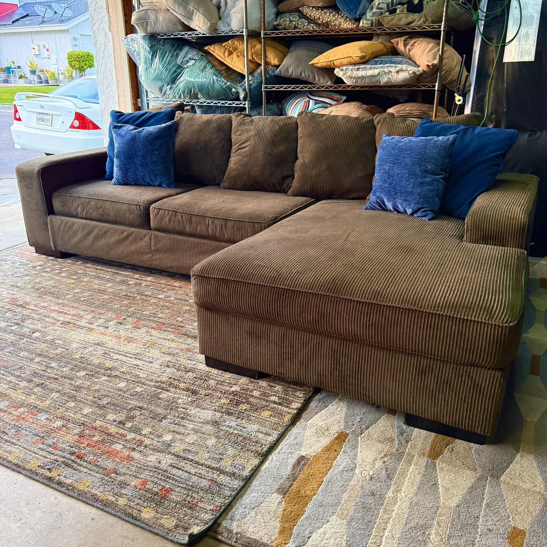 Ashley Furniture Corduroy Microfiber Brown L-Shape Sectional Sofa with Chaise