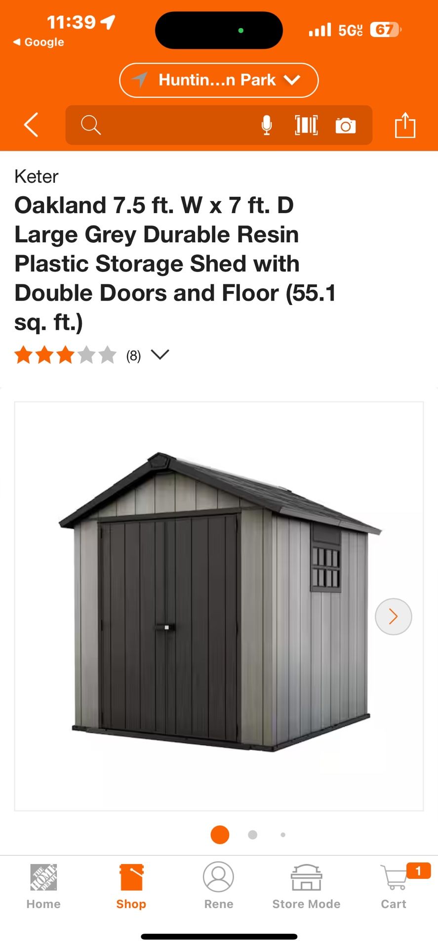 Keter Oakland 7.5 ft. W x 7 ft. D Large Grey Durable Resin Plastic Storage Shed with Double Doors and Floor (55.1 sq. ft.