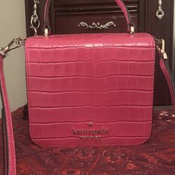 Kate Spade Pink Staci croc Embossed Crossbody Bag