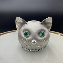 Vintage Napier MCM Mid Century Modern Silver Tone 3” Cat Bank with Green Eyes VG