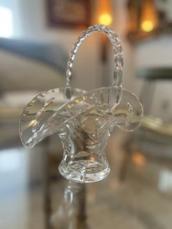 Vintage Etched Rose Clear Glass Basket W/ Handle