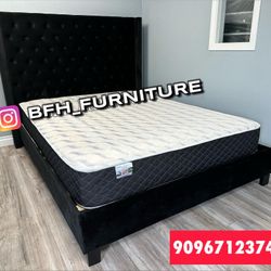 Queen Size Black Wingback With Orthopedic Mattress 