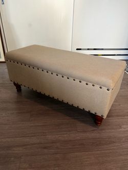 Like New - Tan/Brushed Brass Nailhead Upholstered Storage Bench