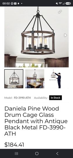 Pine Wood Drum Cage Glass Pendant with Antique Black Metal
