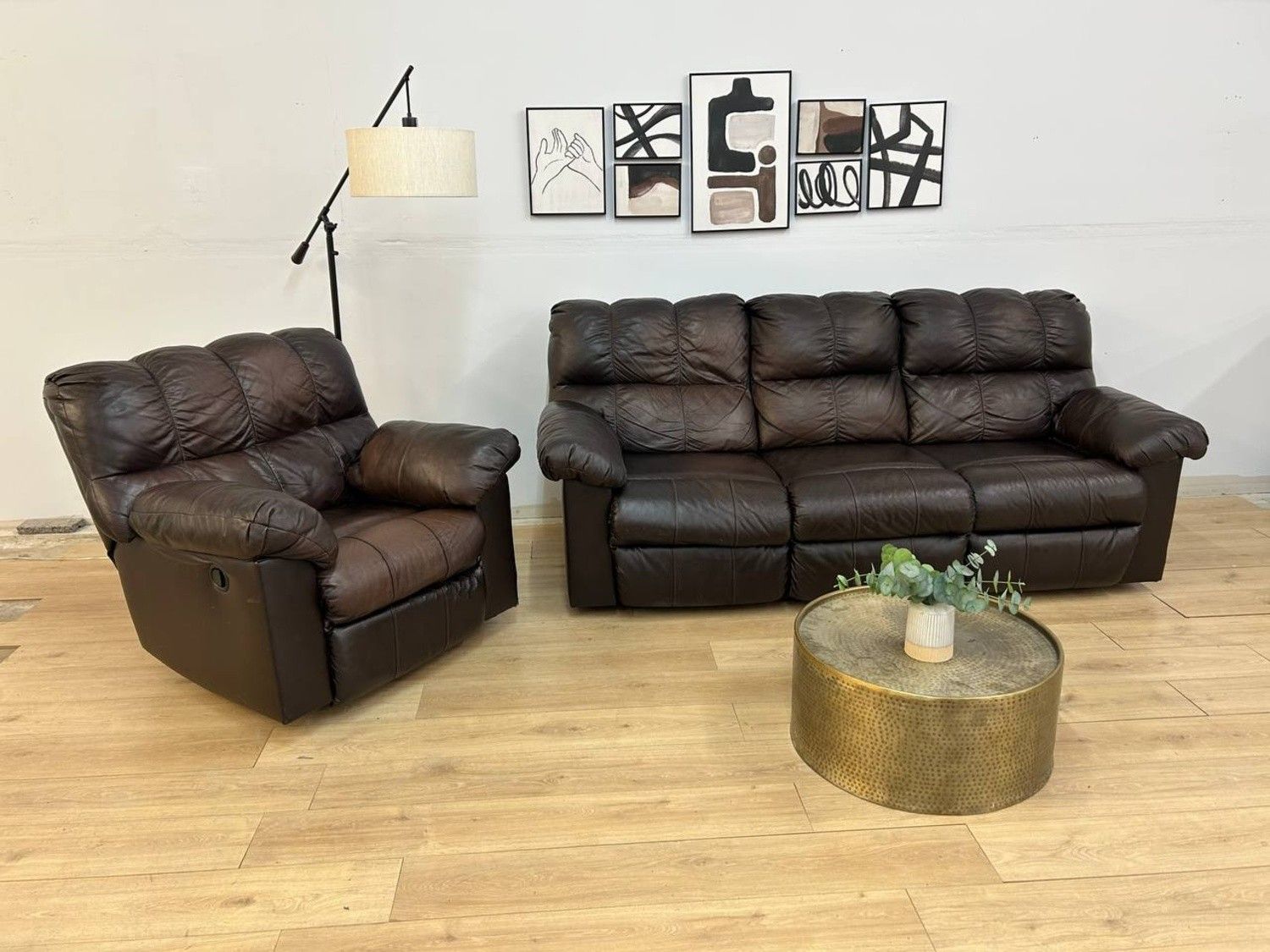 Dark Brown Manual Recliner Couch & Chair