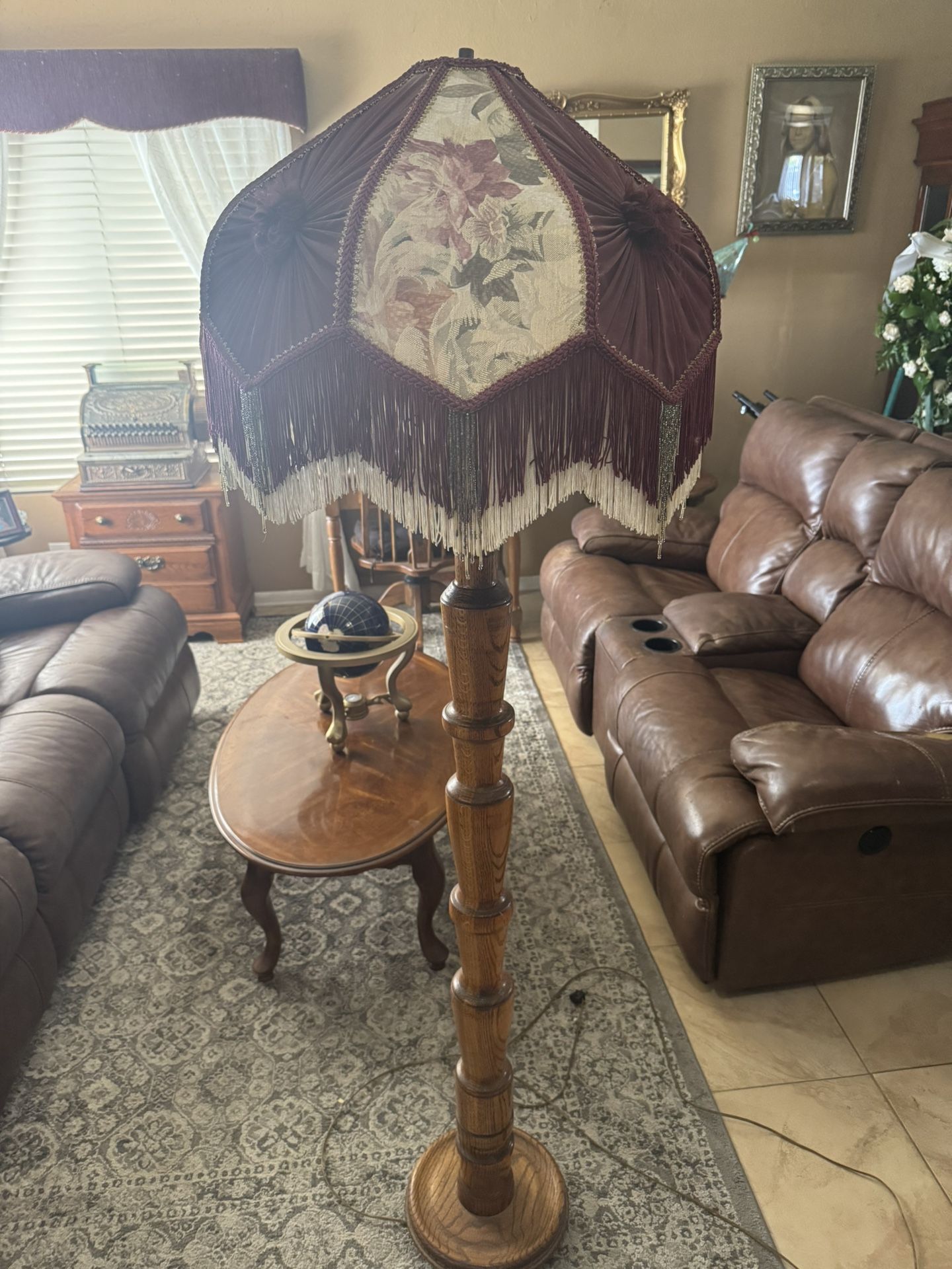 Vintage Oak Wood Floor Lamp/Victorian Shade