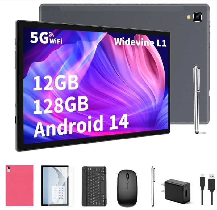 NEW Android Tablet with Keyboard,10 inch Android 14 Tablet, 12GB RAM 128GB ROM, 1TB Expand, 8000mAh, 2.4G/5G WiFi, Bluetooth, GMS Certified, 2 in 1 Ta