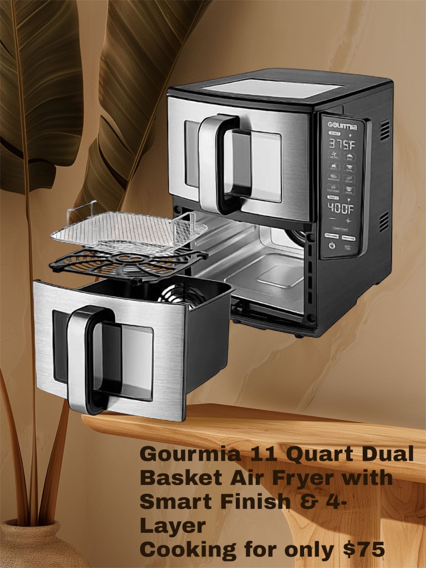 Gourmia 11 Quart Dual Basket Air Fryer with Smart Finish & 4-Layer Cooking