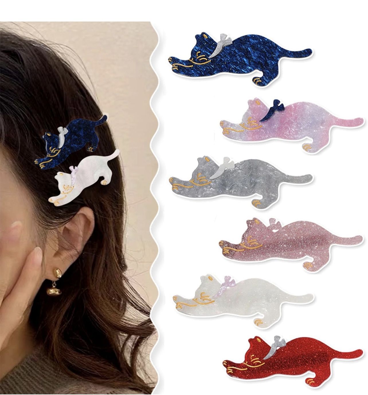 6 Pack Sparkling Acrylic Hair Clips and Barrettes for Girls Fashionable Resin Cat-Themed Hair Accessories