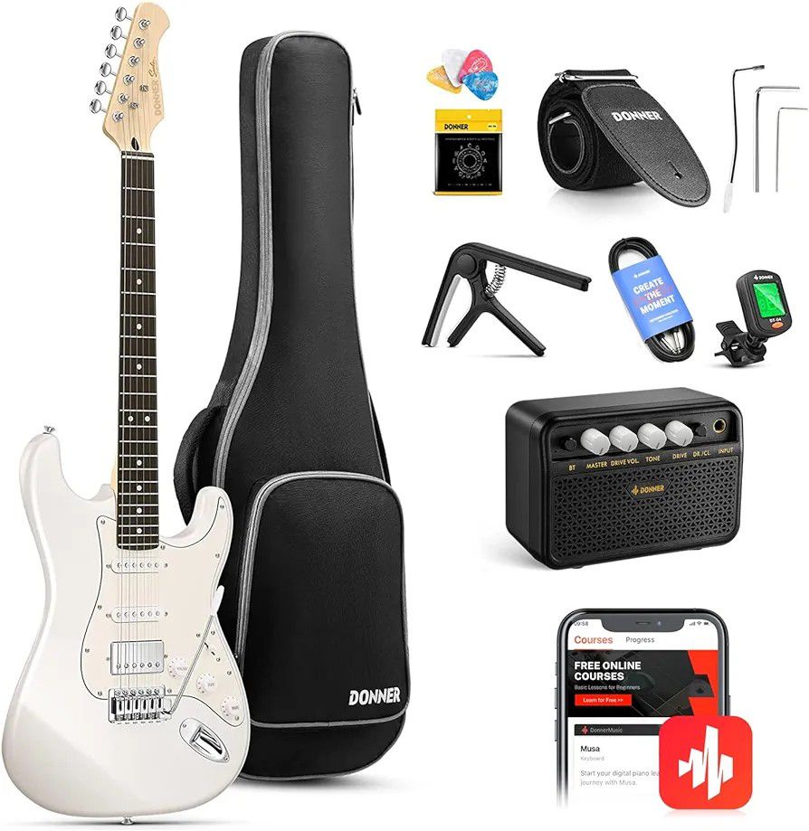 Electric Guitar Starter Kit HSS Pickup Coil Split, with Amp, Bag, Accessories, Polar White