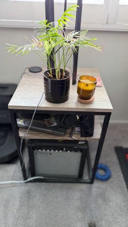 Rustic Oak and Black Metal End Table with Shelf