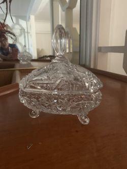 VENTAGE CUT LEAD CRYSTAL RECTANGLE FOOTED CANDY DISH. 9” TALL  X  6 1/2” X  6 1/2” TOP