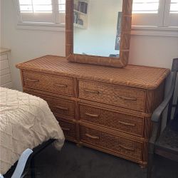 Rattan / Wicker Dresser with Mirror – Coastal / Boho Style