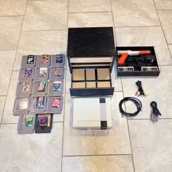 Original NES Nintendo System Console W/ Storage Cabinet Plus Controllers/Zapper Light Gun & 14 Games