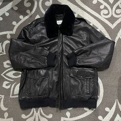 Calvin Klein Shearling Collar Leather Bomber Jacket