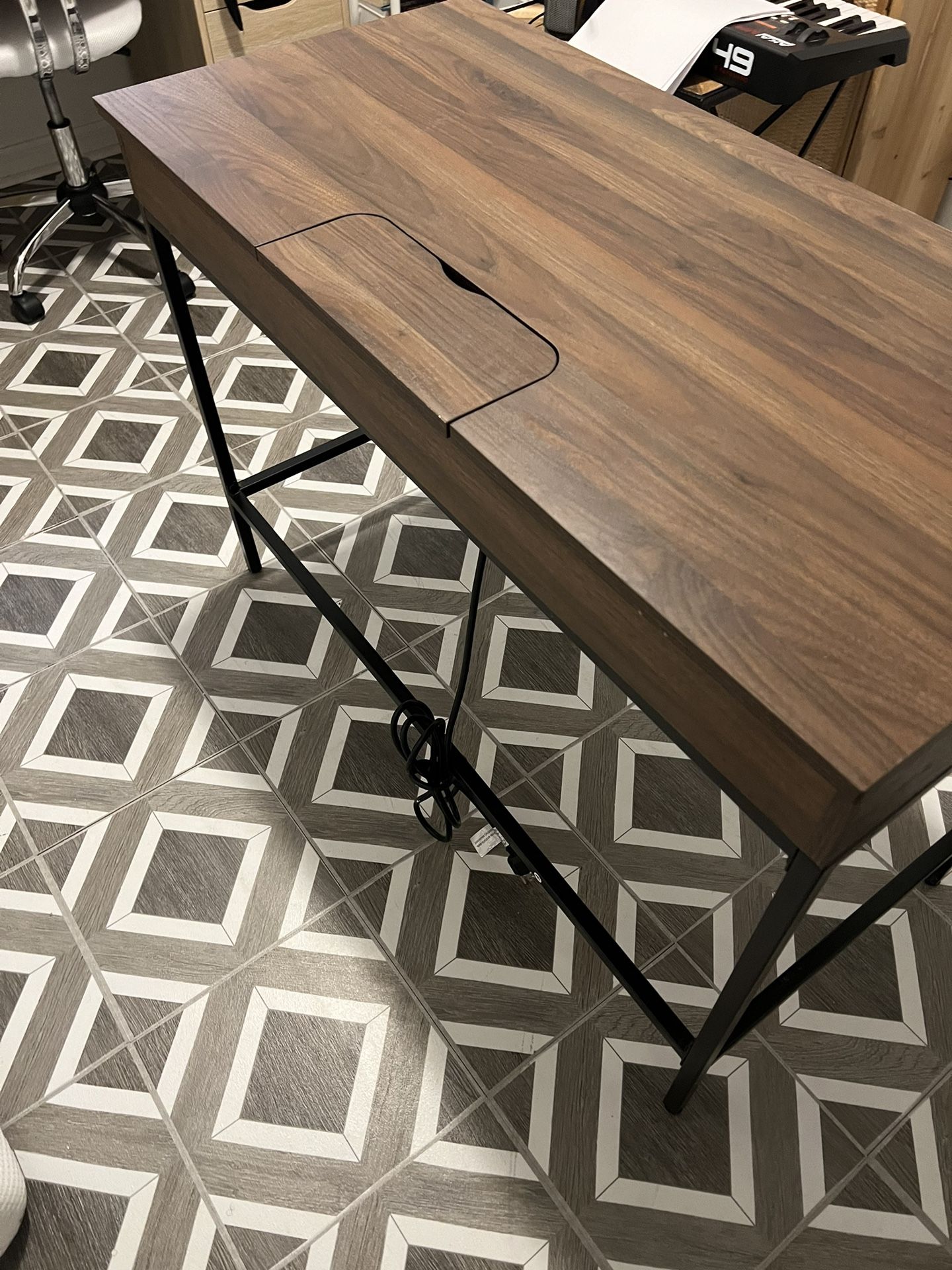 Loring Wood Writing Desk with Drawers and Charging Station Walnut