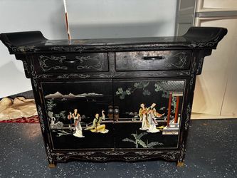 Black Lacquer Chinese Cabinet with Hand-Painted Scenes