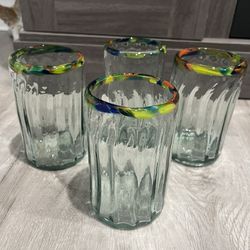 Hand Blow Glass Tumblers With Multicolored Rim, Set Of4