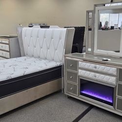 IVORY & CAMEL color BEDROOM SET W/ LED’s & Fireplace!!! JUST IN!!  