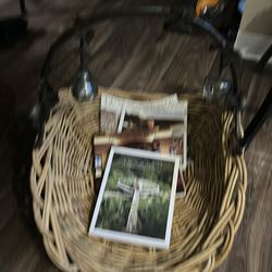 Beautiful  Wicker oblong Basket  with  Rod iron handle  with green  glass pear & Apple   Nice by fireplace or for magazines  pk up Everett  Mall  WY