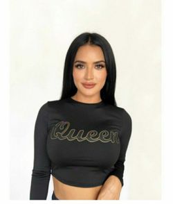 Queen Print Long Sleeve Crew Neck Crop Top L