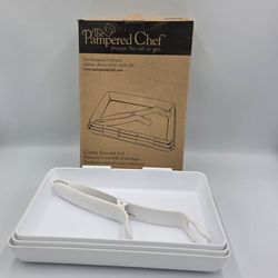 Pampered Chef Coating Breading Nesting Trays Prep #2605 - Set Of 3 & Tongs White