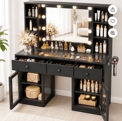 Ktaxon Makeup Vanity with Lighted Mirror, Vanity Table with Glass Table Top and Charging Station for Bedroom, Black