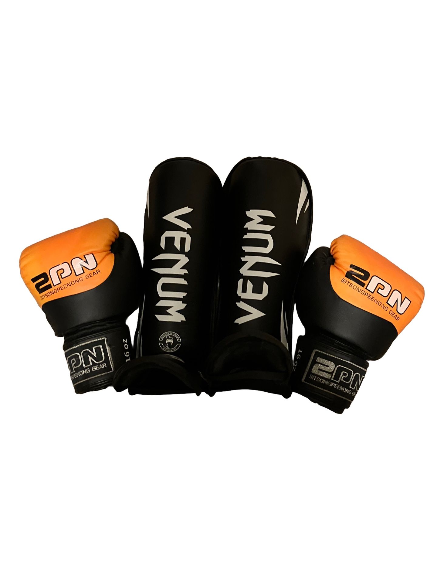 VENUM Shin Guards + 2PN 16oz Boxing Gloves – Used