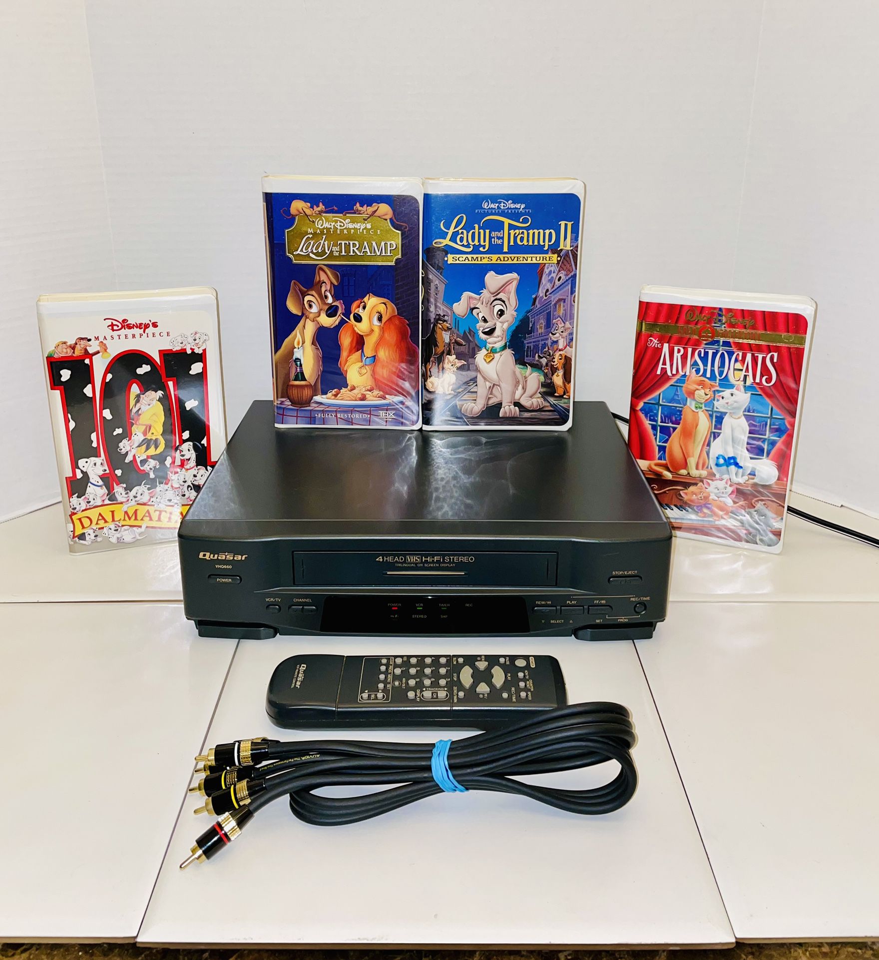 Quasar VHQ660 MINT CONDITION 4-Head HI-FI Stereo VCR VHS Player Recorder Bundle With Disney VHS Movies 