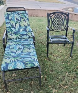 Pool lounge chair with cushion and patio chair