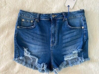 NWT Love Tree Denim Jean Shorts Premium High Waist Stretch Frayed Fringe Womens Size S Small