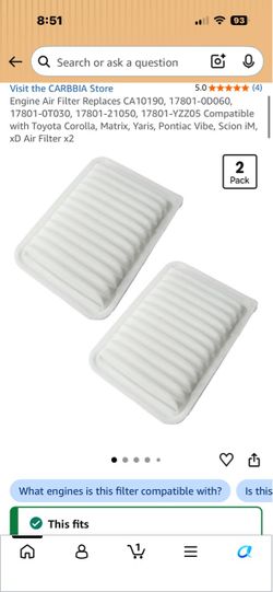 New Engine Air Filter for Toyota Corolla 2011 to 2013, Matrix, Yaris, Pontiac Vibe, Scion iM, and Scion xD models.