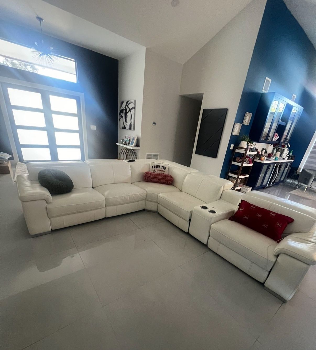 White Italian Leather Couch With Power & USB Ports