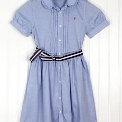 Polo Ralph Lauren Girls Blue Oxford Short Sleeve Pin tucked Shirt Dress Sz 7