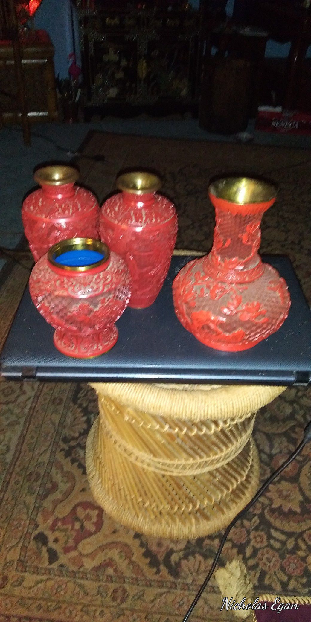 Cinnabar vase set antique. Including Japanese 3D vase