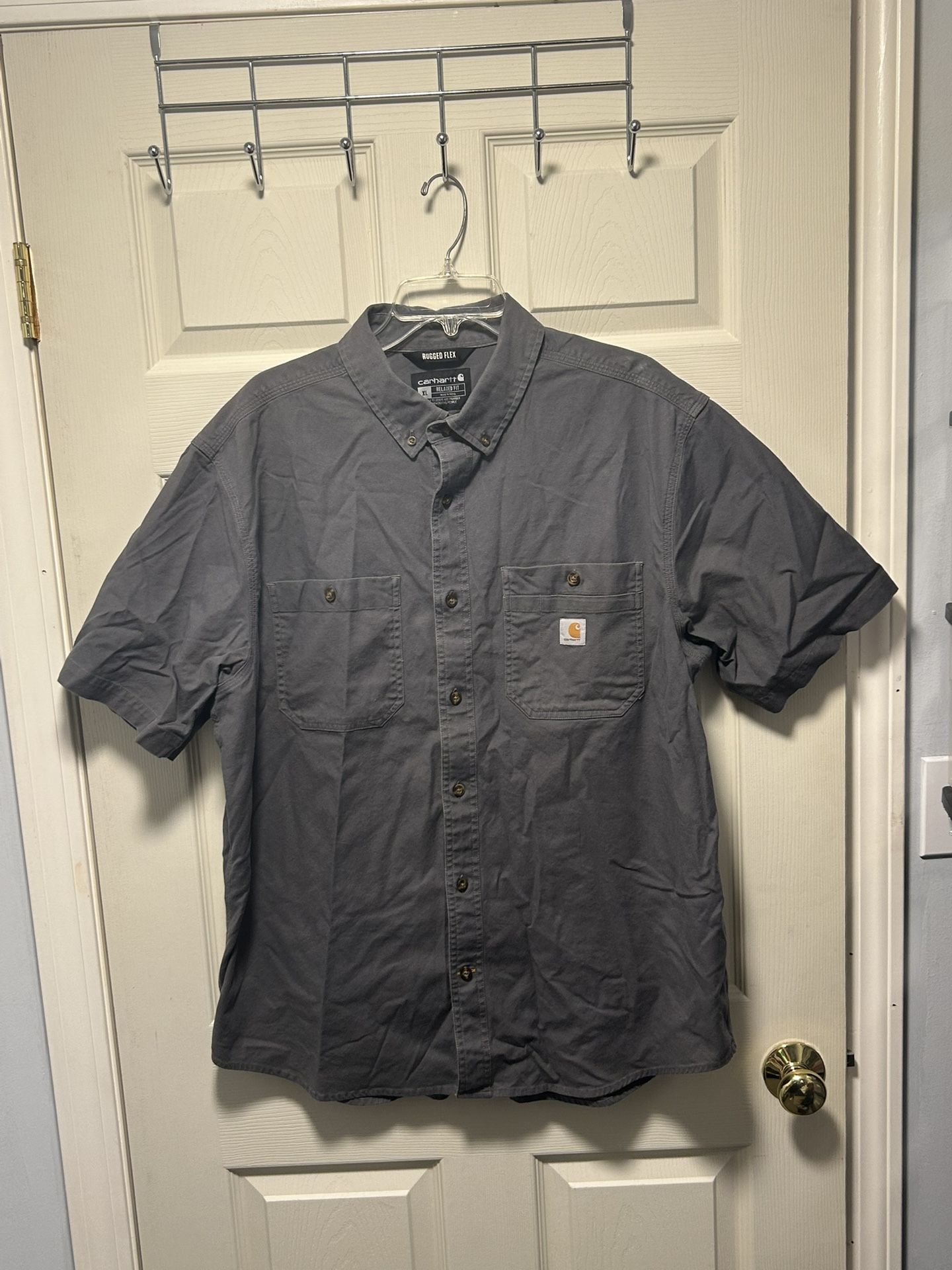 Carhartt Shirt Men XL Gray SS Rugged Flex Pockets Logo Button Down WorkWear