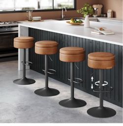 360° Swivel Bar Stools Set of 4, Height Adjustable, with Storage Mid-Century Modern Kitchen Bar, Synthetic Leather with Stitching, Easy Assembly, Cara