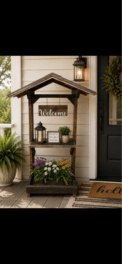 Rustic Wood Porch Welcome Stand with Roof