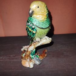 Parakeet trinket box and gold tone necklace
