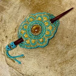 Hair Accessory Turquoise and Gold Tones Beaded Clip Pony Bun Holder