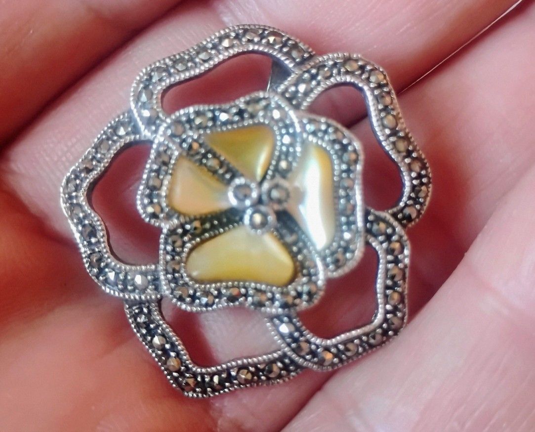 Sterling Silver Marcasite and Mother of Pearl Pendant Diamond Chips
