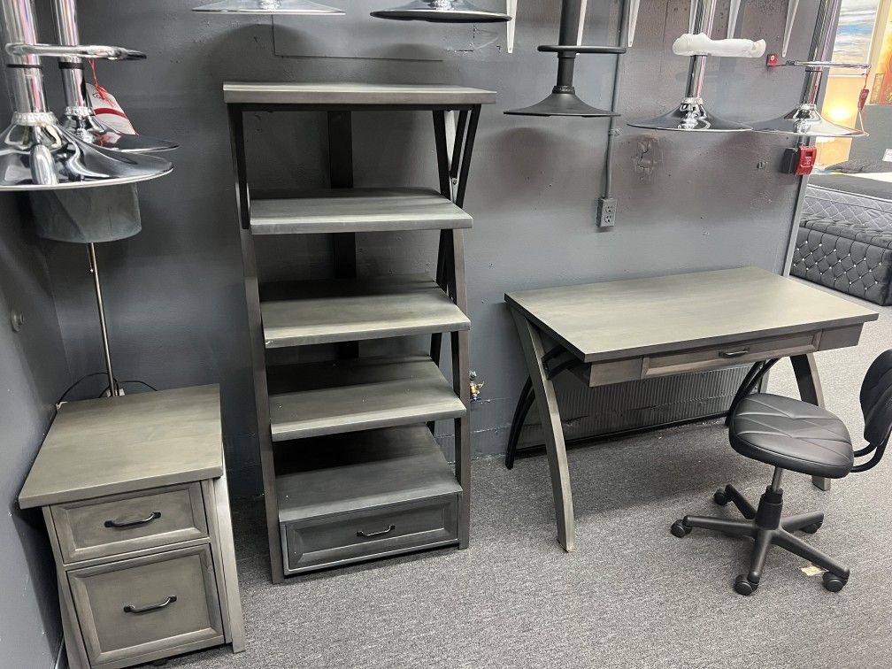 3PCS Axon Gray Writing Desk-Bookcase and Cabinet