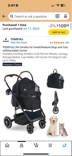 TODEFULL Pet Stroller with Detachable Carrier