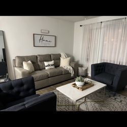 Couch + 2 Blue Accent Chairs 