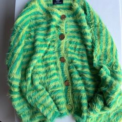 LALA ORIGINAL Double Trouble Striped Fuzzy Cardigan in Green
